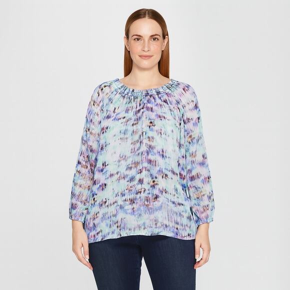 Daisy Fuentes Abstract Print Blouse – Size Large – 3/4 Sleeve – Sheer Overlay - Picture 1 of 7